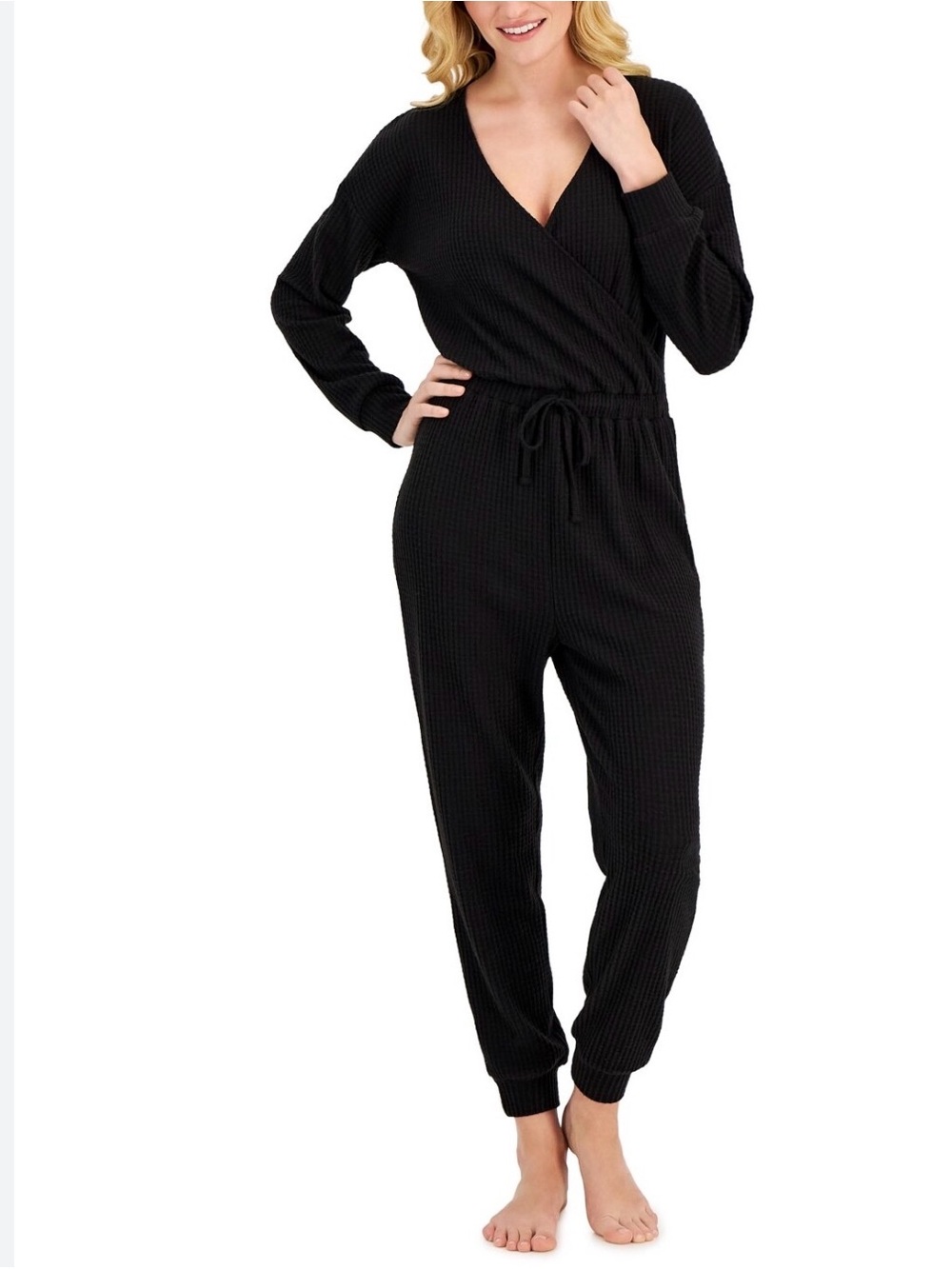 Alfani Black Waffle-Knit Wrap Jumpsuit Sz L